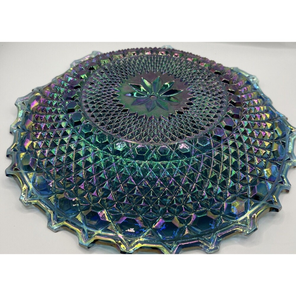 Vintage Indiana Glass Blue Iridescent Carnival Diamond Cut Ruffled Plate 10" - Picture 4 of 7